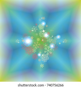 Diamonds shaped Christmas background with random scatter falling colorful snowflakes and bright lights and sparkles on a blue and green background.