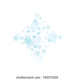 Diamonds shaped Christmas background with random scatter falling turquoise snowflakes and blue polka dots isolated on white.
