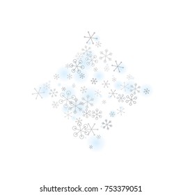 Diamonds shaped Christmas background with random scatter falling silver snowflakes and blue blurred dots isolated on white.