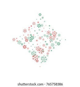 Diamonds shaped Christmas background with random scatter falling red and green snowflakes isolated on white.