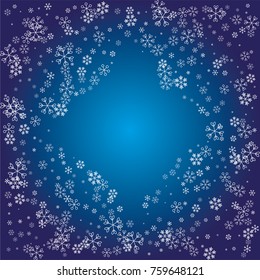 Diamonds shaped Christmas frame or border with white random scatter falling snowflakes on a navy blue background.