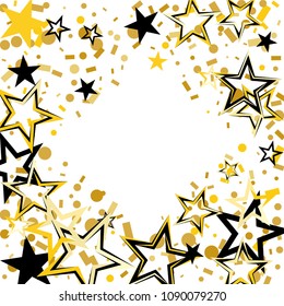 Diamonds shaped frame or border Christmas gold and black stars confetti falling, isolated on white. Magic shining flying stars and glitter dots sparkle cosmic backdrop