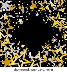 Diamonds shaped frame or border Christmas gold and silver stars confetti falling, isolated on black. Magic shining flying stars and glitter dots sparkle cosmic backdrop