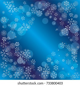 Diamonds shaped frame or border Christmas background with random scatter falling silver snowflakes and blue polka dots on a navy blue background.