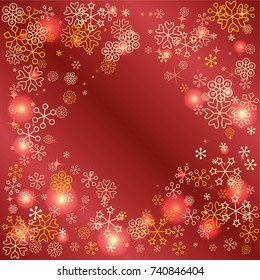 Diamonds shaped frame or border Christmas background with random scatter falling golden snowflakes, red blurred lights and sparkles on a red gradient background