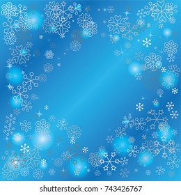 Diamonds shaped frame or border Christmas background with random scatter falling silver snowflakes, blue blurred lights and sparkles on a blue background