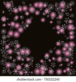 Diamonds shaped frame or border Christmas background with random scatter falling silver snowflakes and pink blurred lights isolated on black