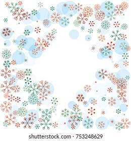 Diamonds shaped frame or border Christmas background with random scatter falling colorful snowflakes and blue polka dots isolated on white.