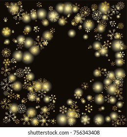Diamonds shaped frame or border Christmas background with random scatter falling gold snowflakes and yellow blurred lights isolated on black.