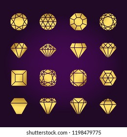 Diamonds shapes gold vector icons set on violet background