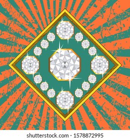 Diamonds shining in the rays of light on an aged background. Vector illustration