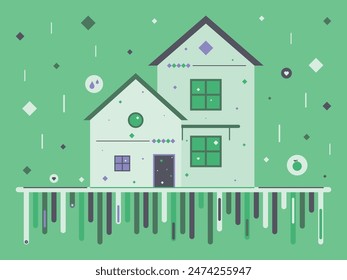 Diamonds, squares, circles, hearts, fruits, and other elements create a geometric house illustration. Abstract shapes form a seamless pattern background.