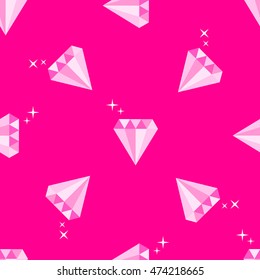 Diamonds with stars. Geometric seamless pattern on pink background. Flat style vector illustration