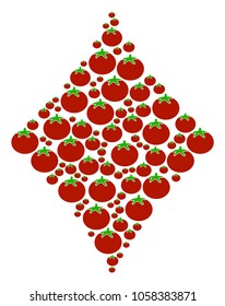 Diamonds Suit collage of tomato vegetables in various sizes. Vector tomato vegetable objects are grouped into diamonds suit mosaic. Vegetarian vector illustration.