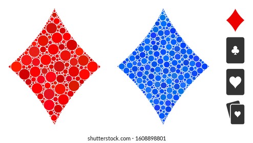 Diamonds suit composition of small circles in various sizes and color tints, based on diamonds suit icon. Vector filled circles are combined into blue mosaic.