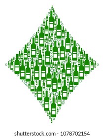 Diamonds Suit mosaic of alcohol bottles and round bubbles in variable sizes and green colors. Vector objects are organized into diamonds suit composition. Bottle vector illustration.