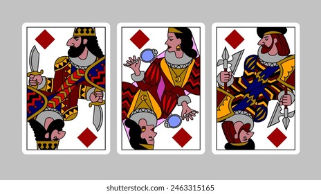 Diamonds suit playing cards of King, Queen and Jack in funny modern colorful linear style. Vector illustration