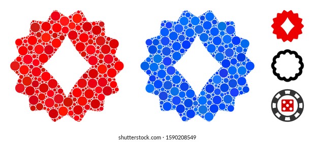 Diamonds token mosaic of small circles in variable sizes and color tones, based on diamonds token icon. Vector random circles are composed into blue mosaic.