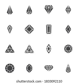 Juego de iconos vectoriales de diamantes, colección moderna de símbolos sólidos, paquete de pictogramas estilo relleno. Señales, ilustración del logotipo. El conjunto incluye iconos como piedra preciosa, piedra preciosa, cristal, brillante