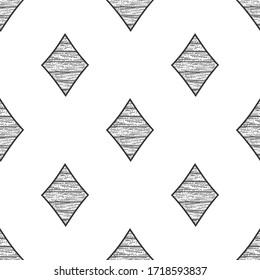 diamonds wooden card suit seamless pattern background sketch engraving vector illustration. T-shirt apparel print design. Scratch board imitation. Black and white hand drawn image.