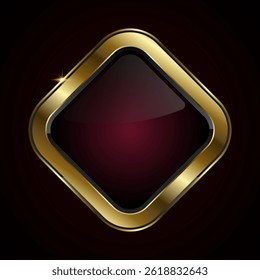 A diamond-shaped button with a rich, glossy black center framed by a brilliant gold border and a sparkle accent, vector illustration