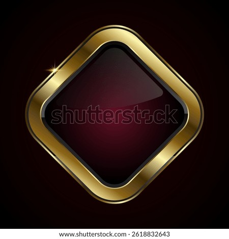A diamond-shaped button with a rich, glossy black center framed by a brilliant gold border and a sparkle accent, vector illustration
