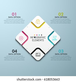 Diamond-shaped chart with 4 sectoral elements, thin line pictograms and numbered text boxes. Four service options to choose concept. Infographic design template. Vector illustration for website menu.