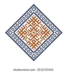 A diamond-shaped cross-stitch pattern featuring a brown geometric motif at the center, bordered by intricate blue and white designs, highlighting traditional embroidery techniques.
