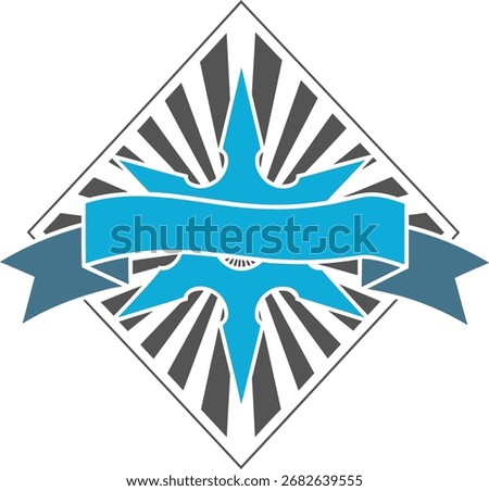 A diamond-shaped emblem featuring a banner across a stylized starburst with radiating rays, suitable for logos and branding.