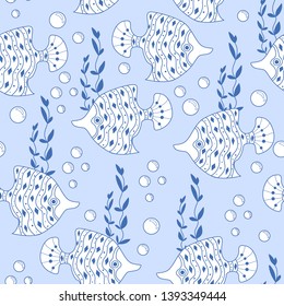 Diamond-shaped fish, bubbles and seaweed on a blue background. Seamless pattern for fabric and wrapping paper. Vector