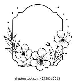 Marco floral en forma de diamante con centro vacío, adornado con flores y hojas en un diseño minimalista en blanco y negro, adecuado para varias decoraciones