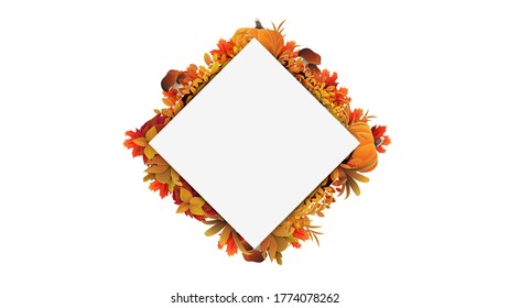 A diamond-shaped frame of autumn leaves around a white empty space. Template for a frame made of autumn vegetation