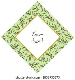 Marco en forma de diamante con ramas de olivo foliadas verdes, para tarjetas de felicitación, invitaciones, carteles, pancartas.