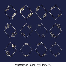 Marcos en forma de diamante con elementos decorativos y herbales para tarjetas de diseño, invitaciones y envasado.