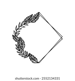 Diamond-shaped hand-drawn outline frame with branches and leaves vector.