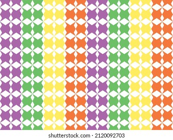 Diamond-shaped, large and small, multi-colored, purple, yellow, green, orange with a white background.
