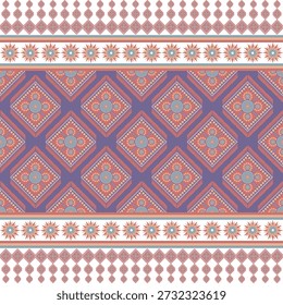 Ein rautenförmiges Muster, das in abwechselnden Farben über mehrere Schichten angeordnet ist. Innerhalb jedes Diamanten ist ein grafisches florales Motiv, während Wassertropfenelemente um die Diamanten gelegt werden. Das Design verfügt über dekorative Ränder an der oberen und unteren, mit einem zweischichtigen Rand Detail.