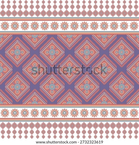 A diamond-shaped pattern arranged in alternating colors across multiple layers. Inside each diamond is a graphic floral motif, while water drop elements are placed around the diamonds. The design features decorative borders at both the top and bottom, with a two-layer border detail.