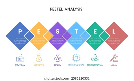 Diamond-Shaped PESTEL Analysis Infographic with Gradient Color Blocks Vector Illustration