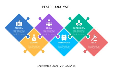 Diamond-Shaped PESTEL Analysis Infographic with Gradient Puzzle Elements Vector Illustration