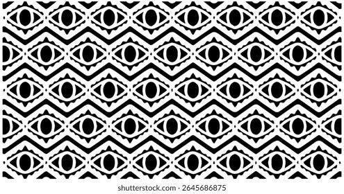 Padrão sem emenda em forma de diamante com detalhes semelhantes aos olhos. Um desenho geométrico preto e branco hipnótico e abstrato.
