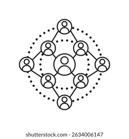 Diamond-shaped social network icon with central person linked to eight surrounding figures, ideal for hierarchy, organization charts, social media, user interface, and communication graphics