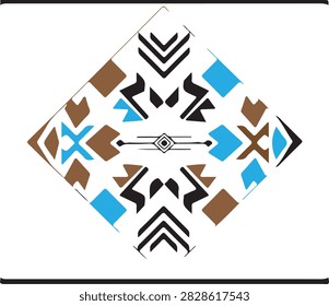 Diamond-shaped southwestern Aztec tribal pattern with geometric arrows, X shapes and canter medallion in navy blue, tan brown and black on white. Symmetrical bobo Navajo style for bandana print, Circuit stencil, fabric pattern, rug decal, western décor.