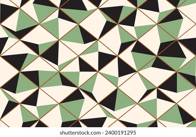 diamond-shaped square Green and black cut corners, and gold cut lines, arranged in a beautiful grid. Seamless pattern for textile, and print.