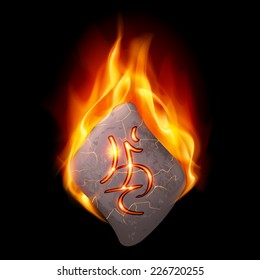 Diamond-shaped stone with magic rune burning in orange flame