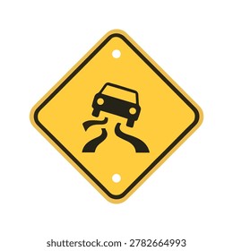 Diamondshaped traffic warning sign shows car skidding on slippery road surface