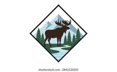 Diamond-shaped wilderness logo featuring a dark silhouette of a moose standing by a winding river with mountains.