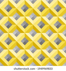 Diamantförmige gelbe Quadrate, grauer Farbverlauf-Hintergrund. Nahtlose abstrakte Muster. Farbverlauf-Trend 2021. Texturiertes Design für Gewebe, Fliesen, Poster, Textilien, Hintergrund, Flyer, Wand. Vektorgrafik.
