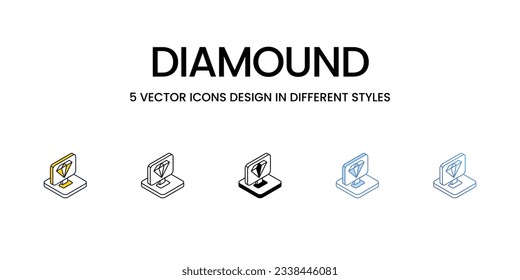 Diamound Icon Design in Five style with Editable Stroke. Line, Solid, Flat Line, Duo Tone Color, and Color Gradient Line. Suitable for Web Page, Mobile App, UI, UX and GUI design.