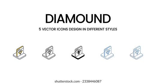 Diamound Icon Design in Five style with Editable Stroke. Line, Solid, Flat Line, Duo Tone Color, and Color Gradient Line. Suitable for Web Page, Mobile App, UI, UX and GUI design.